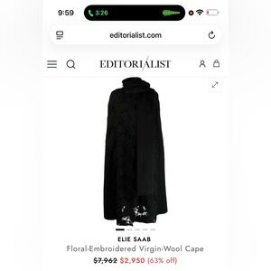 Elie Saab Black Floral-Embroidered Cape with Scarf Detail. Size M